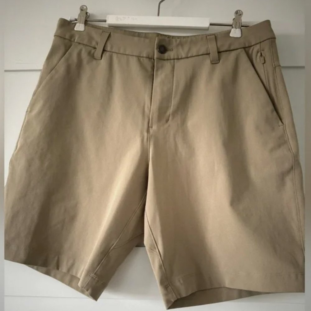 mens lulu lemon commison shorts size 32 classic 9"- khaki